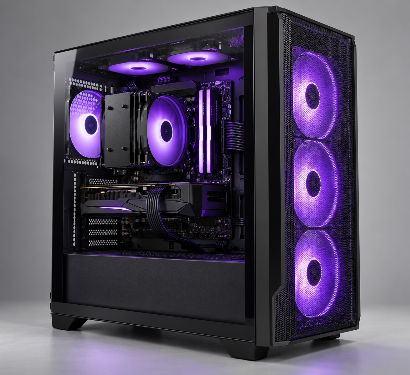 Prebuilt 1 concept: black mesh-front desktop with violet lighting