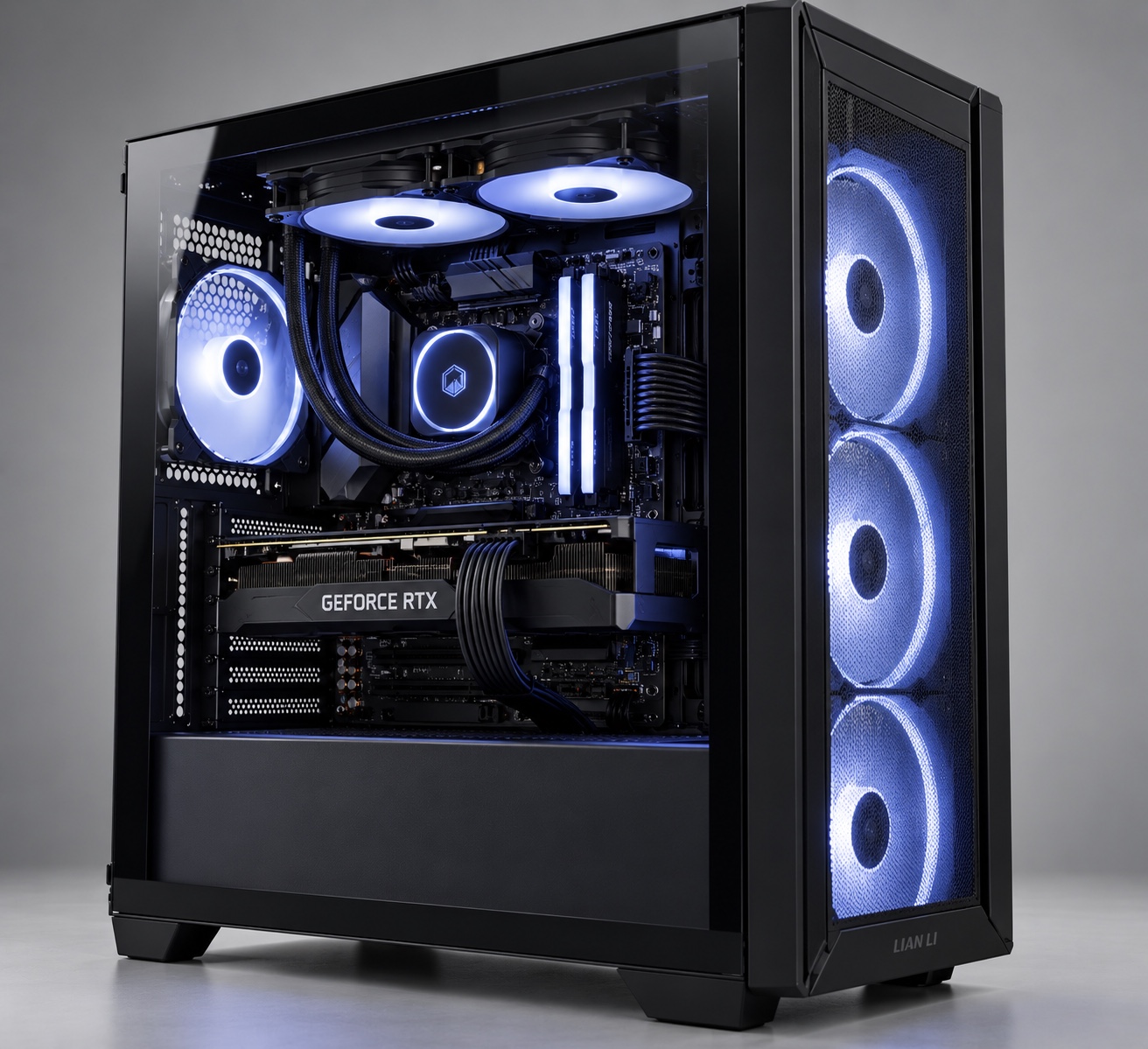 Prebuilt 2 concept: black Lian Li desktop with cool white lighting
