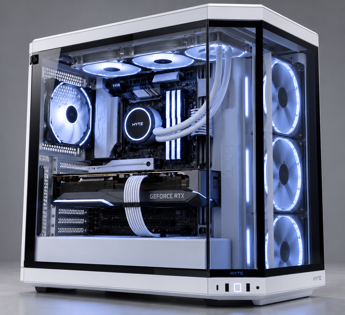Prebuilt 3 concept: white HYTE desktop with cool white lighting